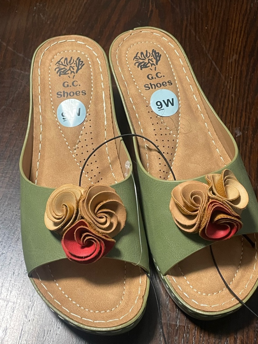 Women’s Olive Green Slide Sandals with Floral Accent - Picture 1 of 5